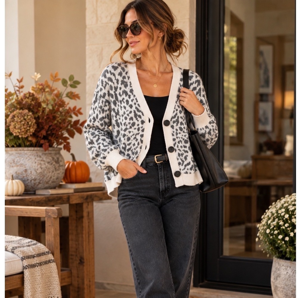 LOFT Cardigan Women Size LP Petite Gray White Leopard Animal Print Cotton Top